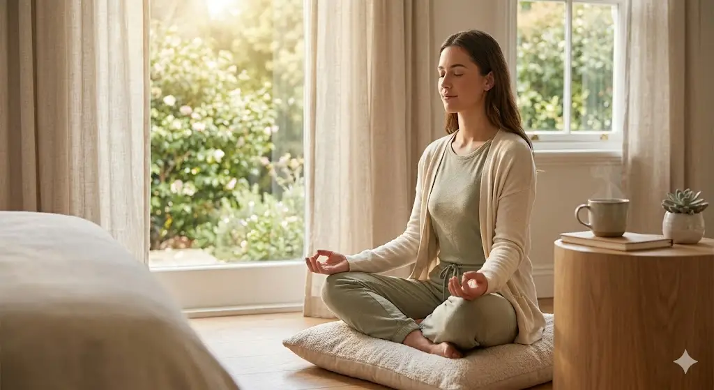 Mindfulness practice and 5-Minute Morning Reset for mental calm.