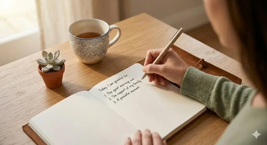 A gratitude journal entry with 'The Daily Three' points written on paper.