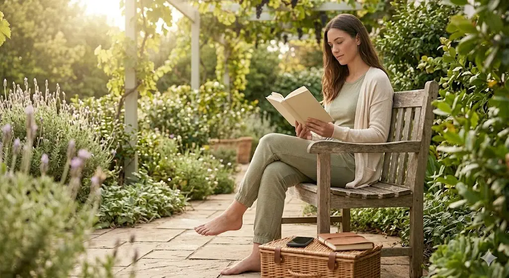 Digital detox experience with a person reading a book in a sun-dappled garden.
