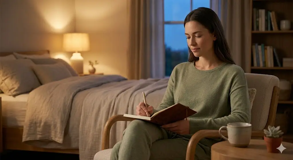 Evening journaling practice with a reflective person writing in a cozy, softly lit room.