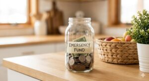 Family financial wellness guide 2026 for families in Texas showing savings jar and diary on a peaceful porch.