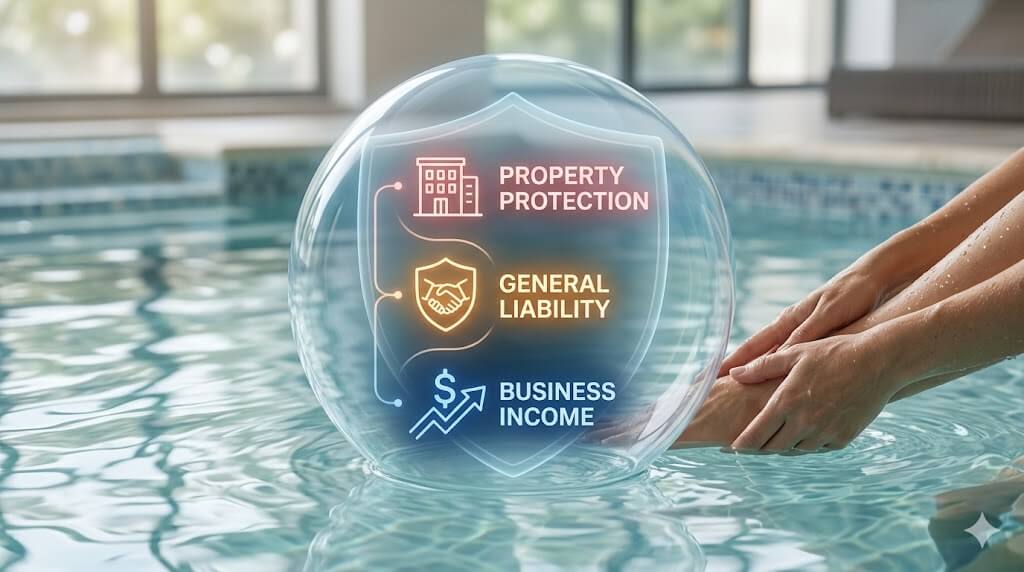 Business insurance Premium 3D isometric graphic (16:9) visualizing a consolidated 'BOP' bundle. Icons with internal red/orange/blue biological lights stack vertically inside a large protective light bubble similar to <IMAGE_29>'s shield. Top icon 'PROPERTY PROTECTION', middle icon 'GENERAL LIABILITY', bottom icon 'BUSINESS INCOME'. Clean integration visualization.