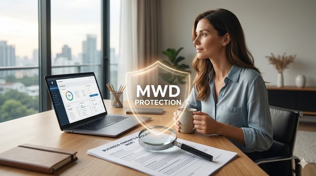 Cinematic featured image (16:9) showing contemplative woman entrepreneur reviewing a 'BUSINESS OWNER'S POLICY (BOP)' with a magnifying glass in a modern sun-lit home office, derived from <IMAGE_29>. Faint white shield overlay 'MWD PROTECTION'. Premium reassurance.