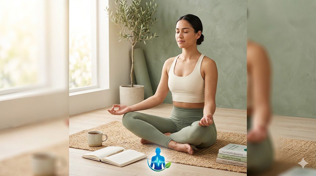 A serene and balanced photograph representing holistic health and wellness, featuring a woman meditating peacefully on a mat at home.