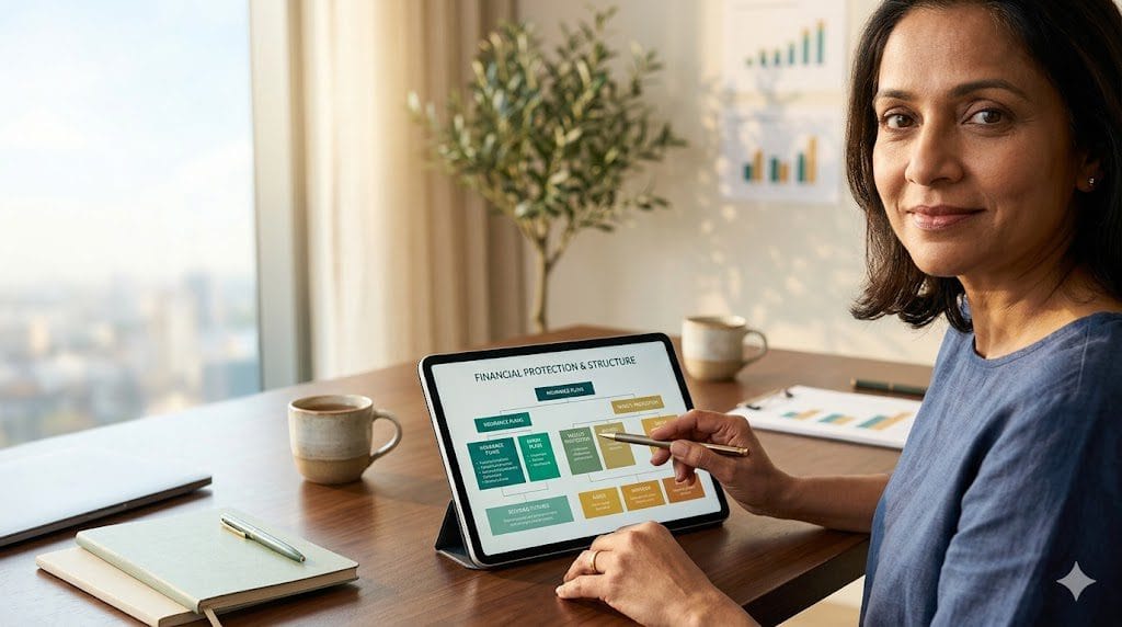 A professional woman reviewing a structured financial protection and insurance plan on a digital tablet in a modern office setting. welness diaries