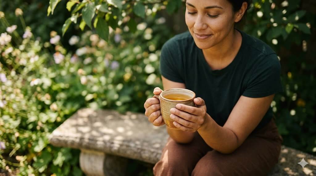 Close-up of hands holding a warm tea cup, symbolizing emotional resilience, mindfulness, and stress management.