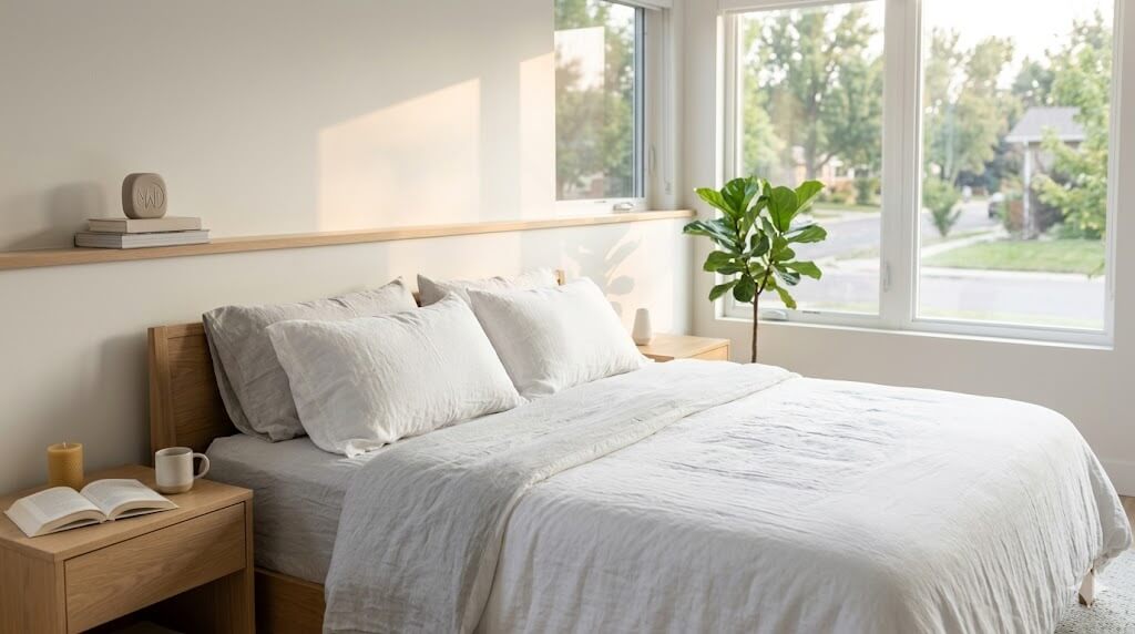 A minimalist and calm bedroom interior with soft natural lighting, symbolizing circadian rhythm alignment and digital wellness