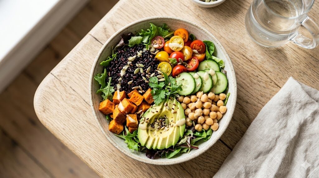 A vibrant bowl of fresh organic whole foods representing global nutritional wellness and metabolic health.