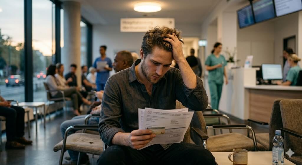 man stressed reading insurance policy after hospital bills