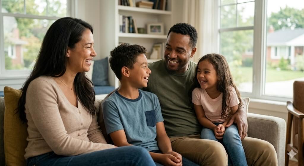Diverse North American family laughing together, representing financial peace of mind.
