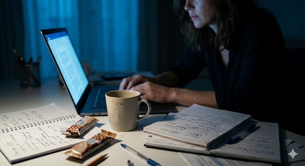 A messy desk at night with a glowing laptop, coffee mug, and notebooks.