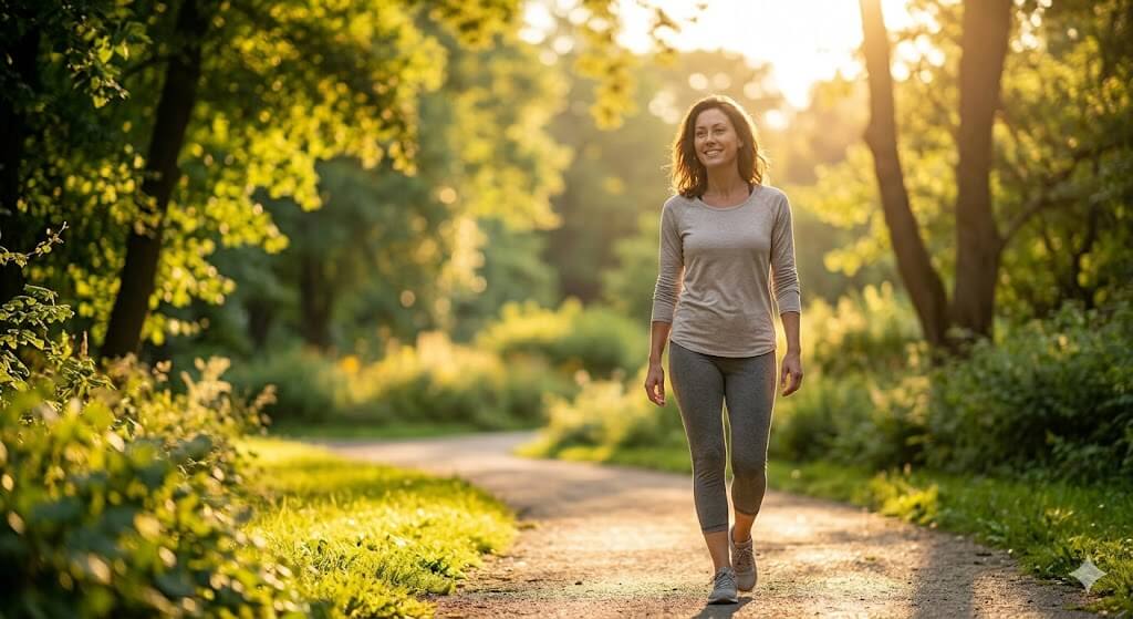 A woman walking through a vibrant green park during the golden hour, looking healthy and active.