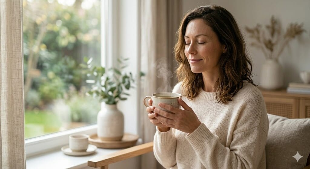 A woman calmly sipping herbal tea by a window in a clean, minimalist room.
