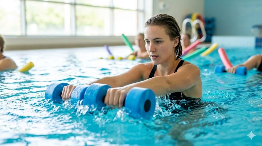 Dynamic shot of a person performing hydro-aerobics with blue resistance dumbbells in a clear public pool, inspired by <IMAGE_29>. Muscular engagement.