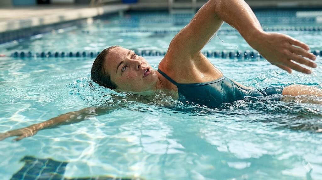 Close-up of a person swimming for chronic pain relief turning head to breathe in a natural-lit pool, derived from <IMAGE_29>. Focused technique and muscular engagement.