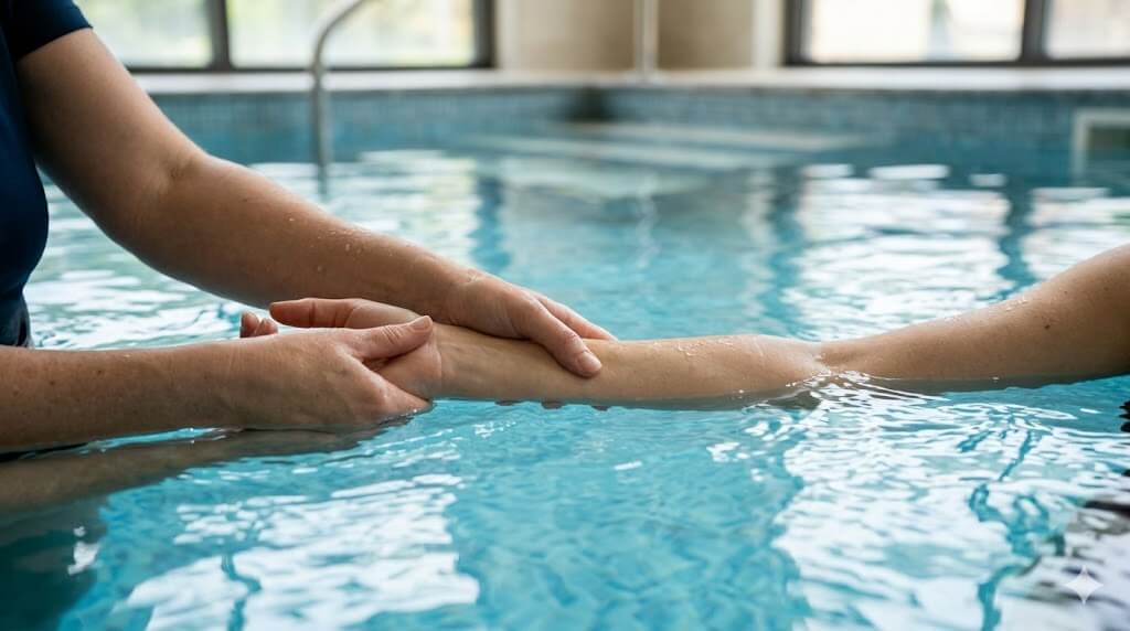 Close-up of professional therapist hands performing gentle aquatic massage on a relaxed submerged arm in natural light pool, inspired by <IMAGE_29>. Restorative and soulful.
