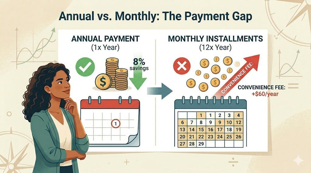Life Insurance Payments Comparison: Annual Savings vs Monthly Installments and Hidden Fees.