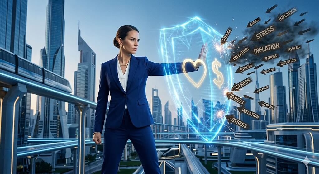 Woman holding a digital energy shield against arrows of inflation and medical stress